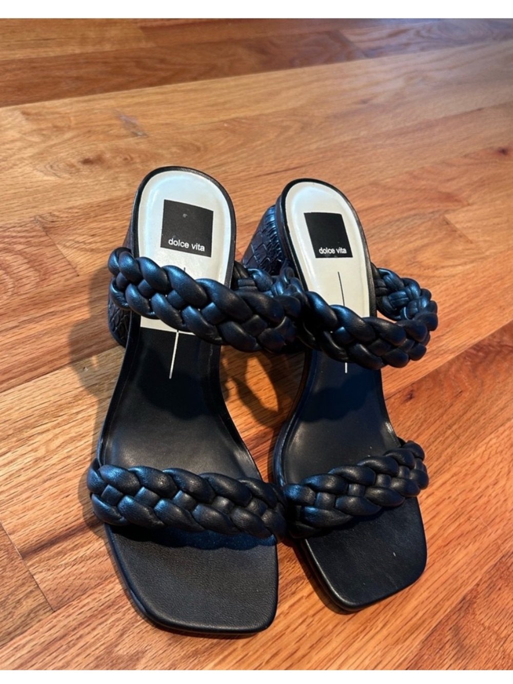 Dolce Vita Black Braided Double-Strap Block Heel Sandals